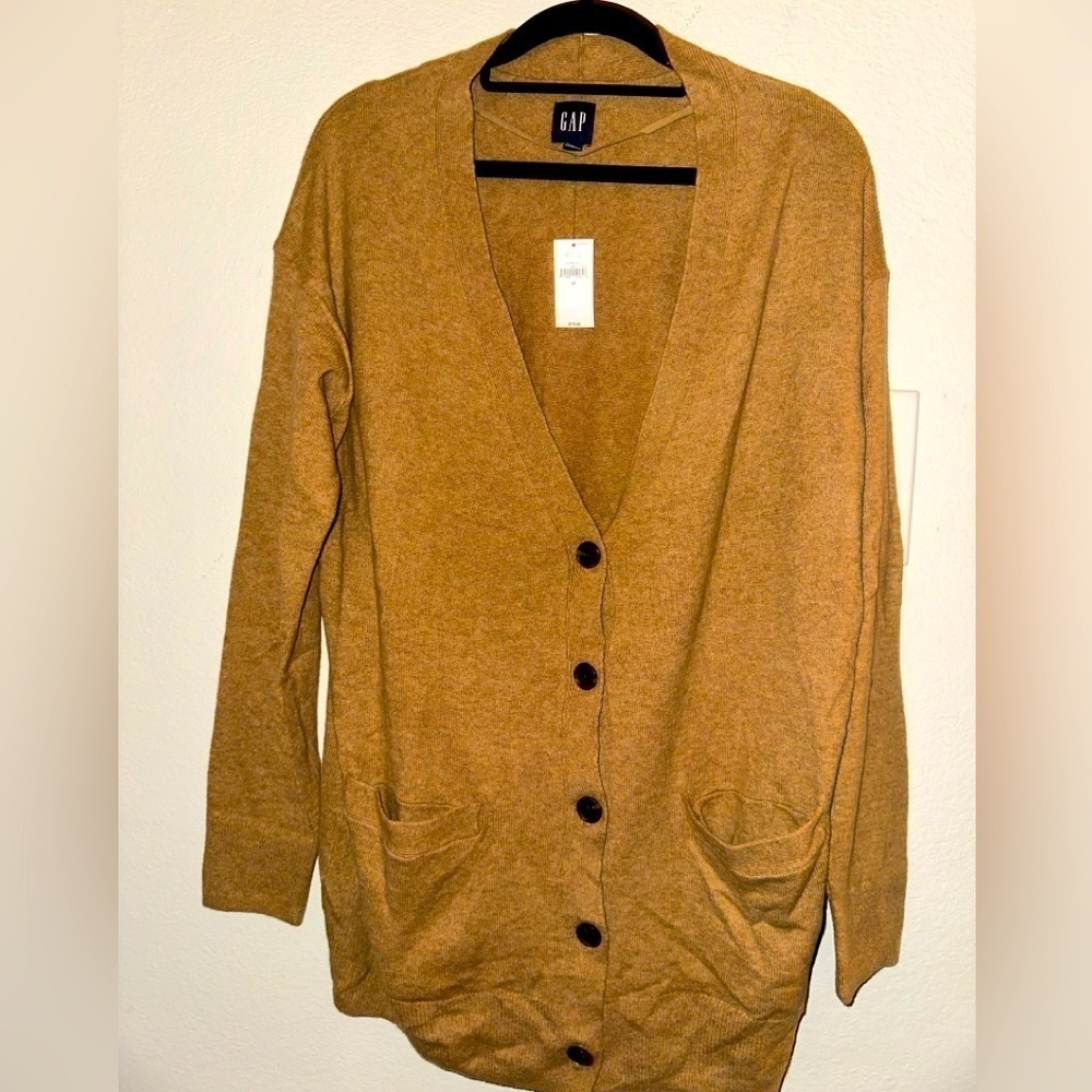 GAP women’s cash like bf mustard yellow tan button front cardigan M fall